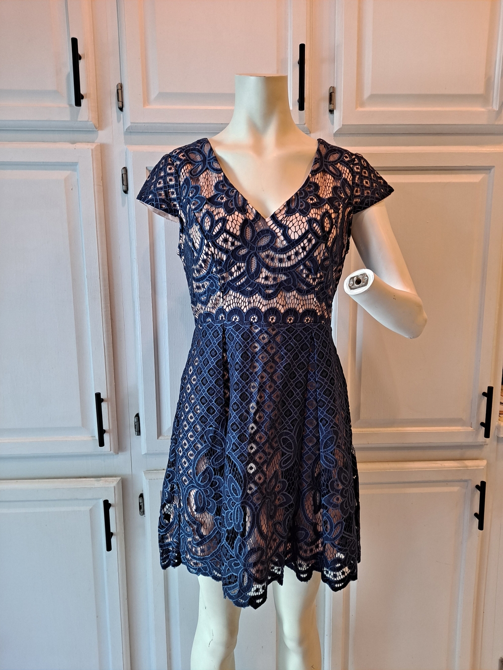 Charlotte Russe Navy Blue Lace Over Peach Liner V-Neck Skater Cocktail Dress
